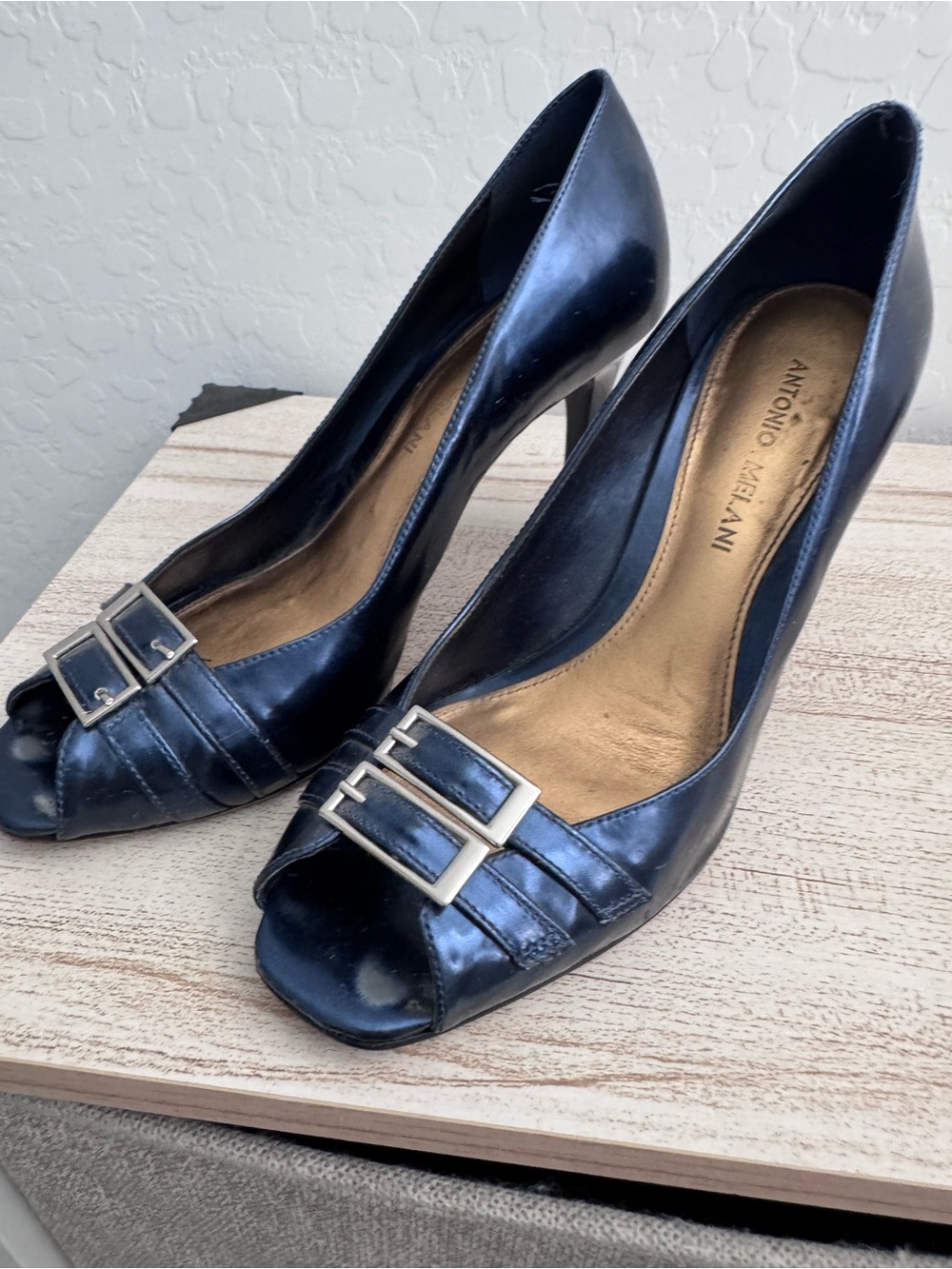 ANTONIO MELANI Metallic Blue Leather Peep-Toe Heels with Buckle Detail